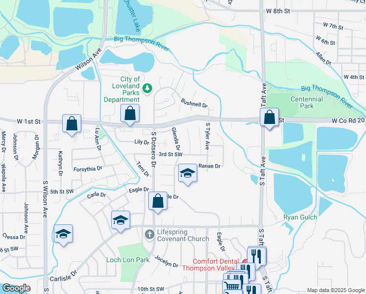 map of restaurants, bars, coffee shops, grocery stores, and more near 253 Lori Drive in Loveland