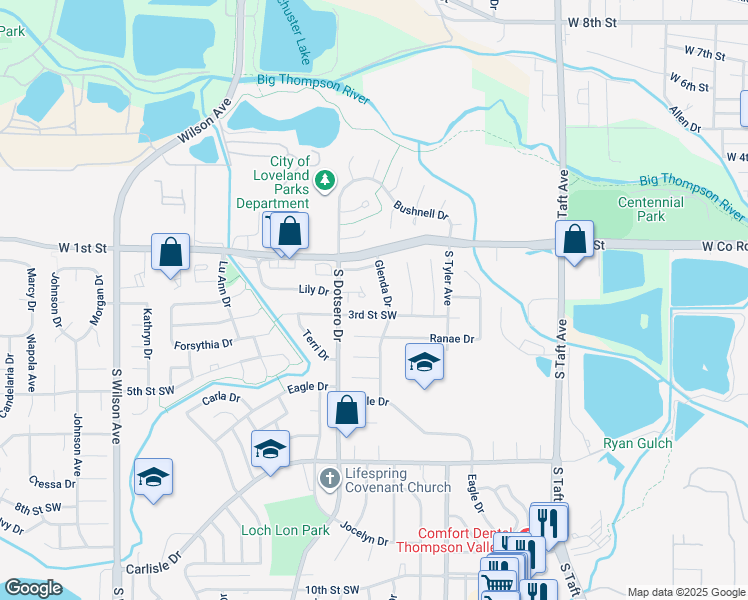 map of restaurants, bars, coffee shops, grocery stores, and more near 1807 3rd Street Southwest in Loveland