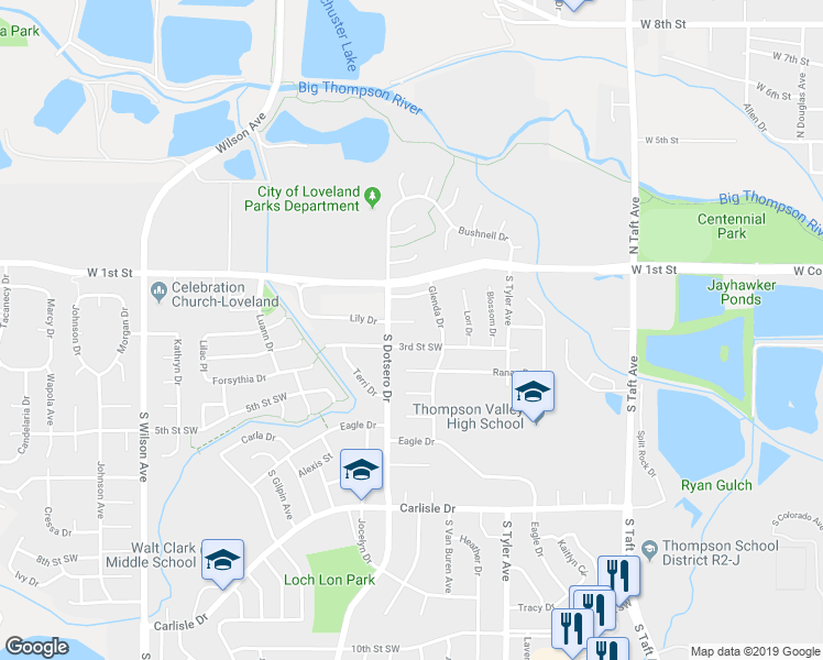 map of restaurants, bars, coffee shops, grocery stores, and more near 1807 3rd Street Southwest in Loveland