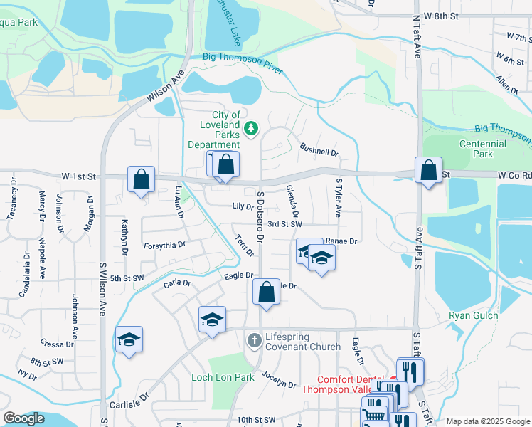 map of restaurants, bars, coffee shops, grocery stores, and more near 1855 3rd Street Southwest in Loveland