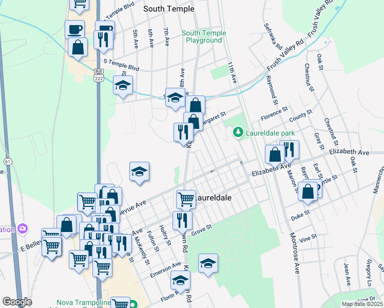 map of restaurants, bars, coffee shops, grocery stores, and more near 3538 Fremont Street in Laureldale