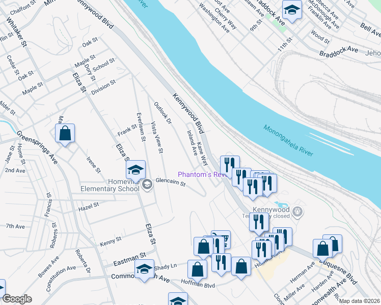 map of restaurants, bars, coffee shops, grocery stores, and more near 4208 Inland Avenue in West Mifflin