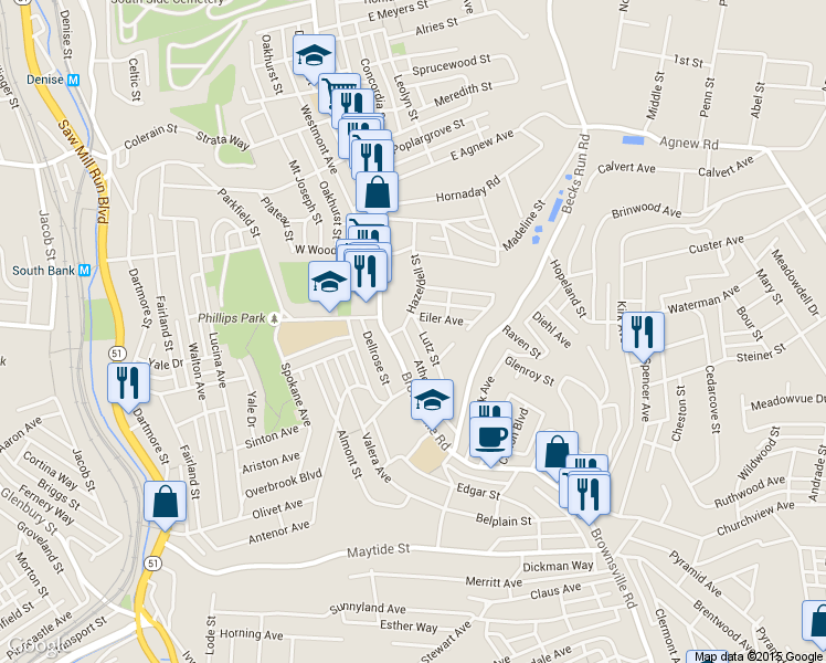 map of restaurants, bars, coffee shops, grocery stores, and more near 2223 Brownsville Road in Pittsburgh