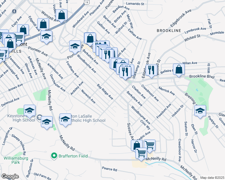 map of restaurants, bars, coffee shops, grocery stores, and more near 960 Woodbourne Avenue in Pittsburgh