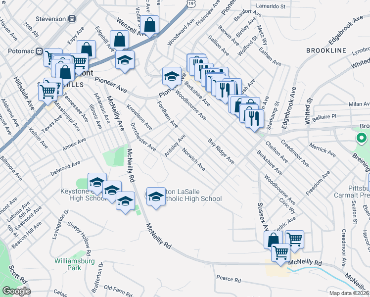 map of restaurants, bars, coffee shops, grocery stores, and more near 836 Norwich Avenue in Pittsburgh