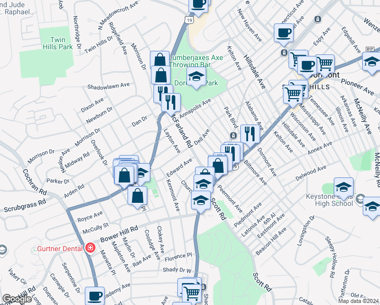 map of restaurants, bars, coffee shops, grocery stores, and more near 204 Edward Avenue in Pittsburgh