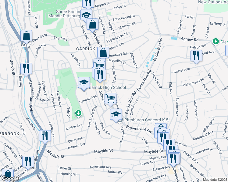 map of restaurants, bars, coffee shops, grocery stores, and more near 2223 Lutz Street in Pittsburgh