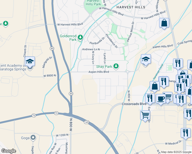 map of restaurants, bars, coffee shops, grocery stores, and more near 594 West Domanick Way in Saratoga Springs