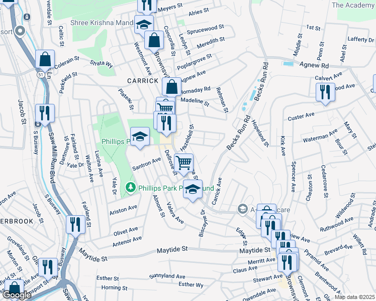 map of restaurants, bars, coffee shops, grocery stores, and more near 2208 Lutz Street in Pittsburgh