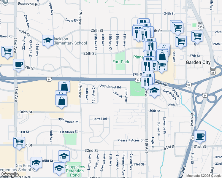 map of restaurants, bars, coffee shops, grocery stores, and more near 1402 28th Street Road in Greeley