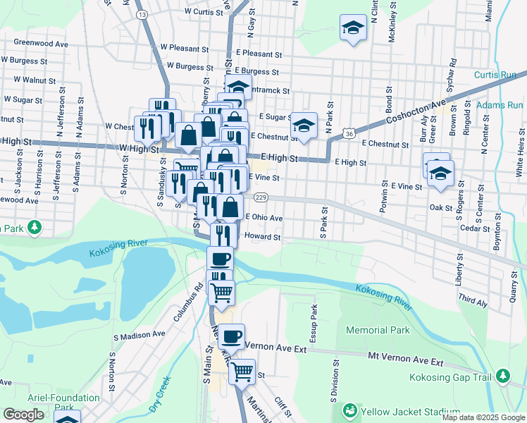 map of restaurants, bars, coffee shops, grocery stores, and more near 106 East Ohio Avenue in Mount Vernon