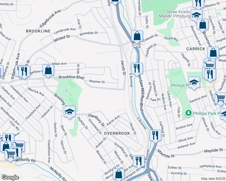 map of restaurants, bars, coffee shops, grocery stores, and more near 1644 Brookline Boulevard in Pittsburgh