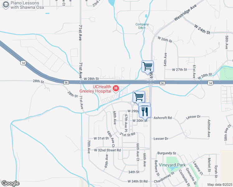 map of restaurants, bars, coffee shops, grocery stores, and more near 6767 West 29th Street in Greeley