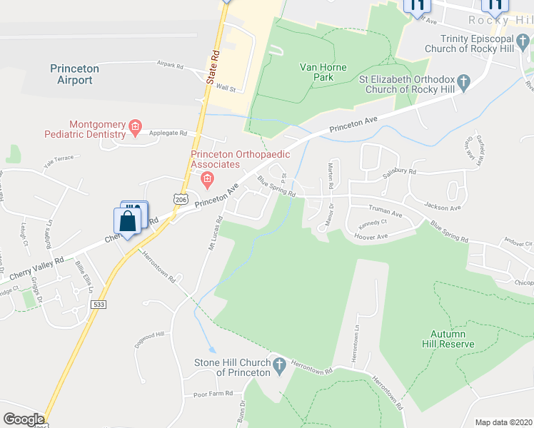 map of restaurants, bars, coffee shops, grocery stores, and more near 48 Scarlet Oak Drive in Princeton