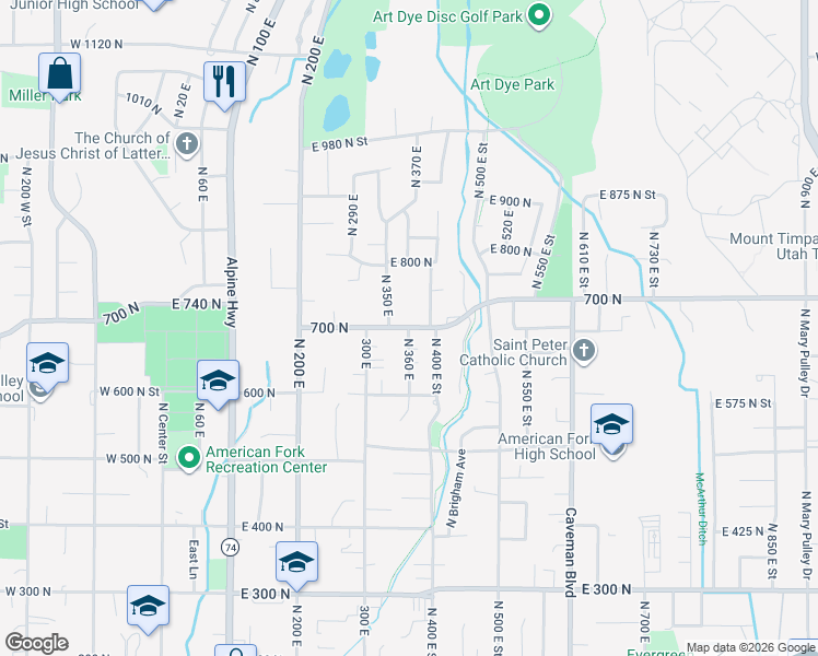 map of restaurants, bars, coffee shops, grocery stores, and more near 361 East 700 North in American Fork