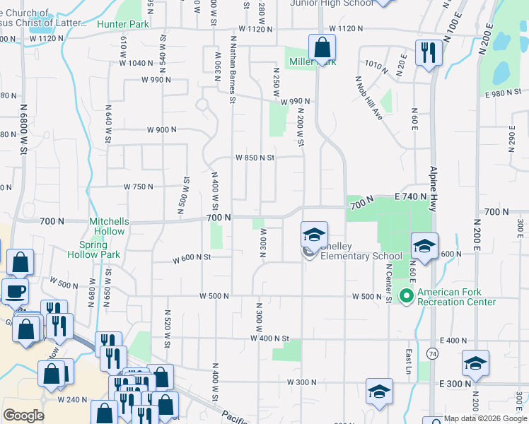 map of restaurants, bars, coffee shops, grocery stores, and more near 714 North 300 West in American Fork