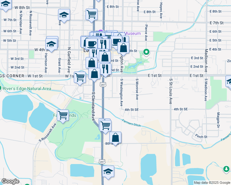 map of restaurants, bars, coffee shops, grocery stores, and more near 355 3rd Street Southeast in Loveland