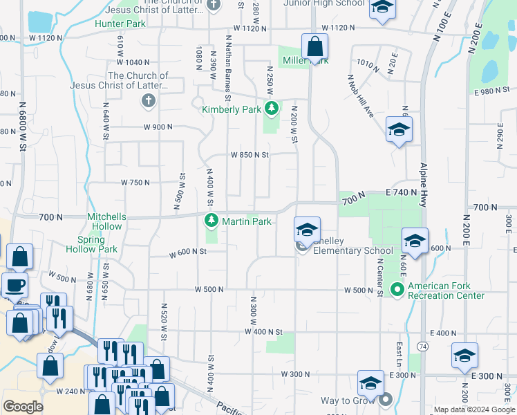 map of restaurants, bars, coffee shops, grocery stores, and more near 714 North 300 West in American Fork