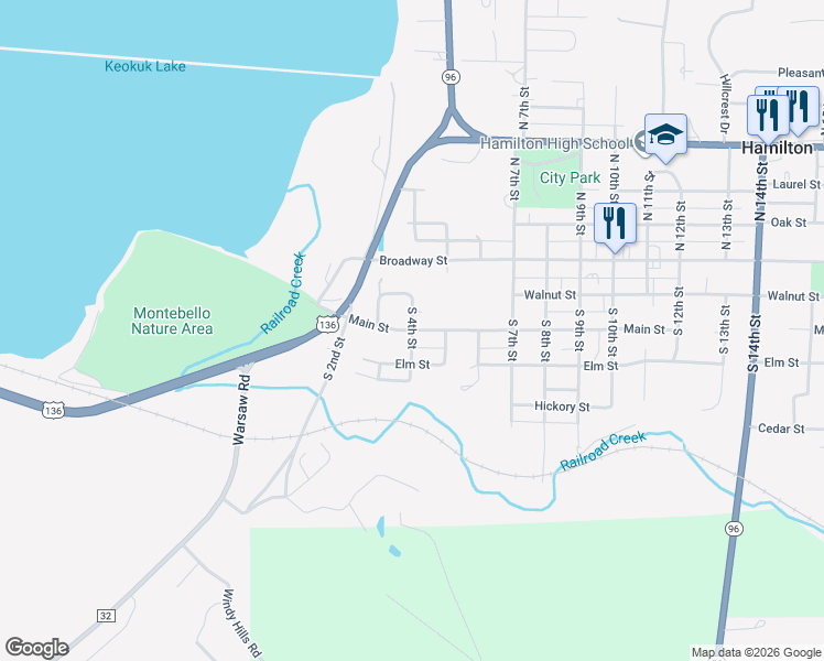 map of restaurants, bars, coffee shops, grocery stores, and more near 201 South 4th Street in Hamilton