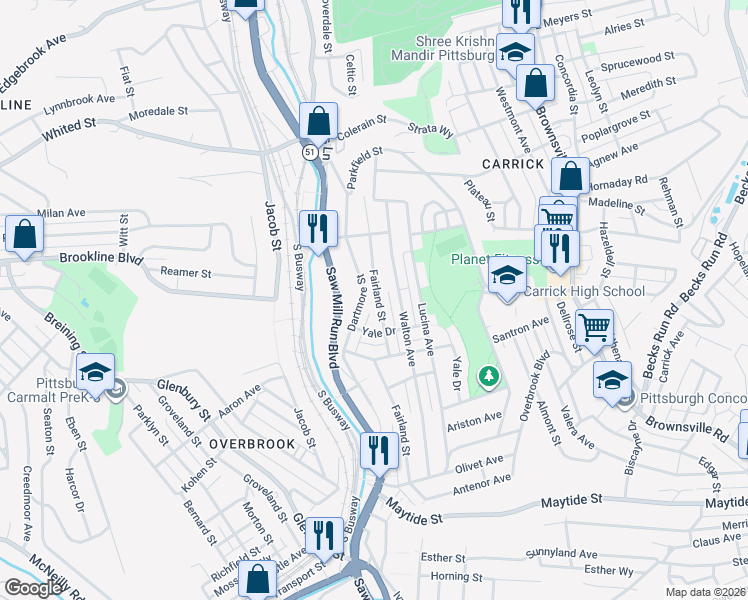 map of restaurants, bars, coffee shops, grocery stores, and more near 2134 Fairland Street in Pittsburgh