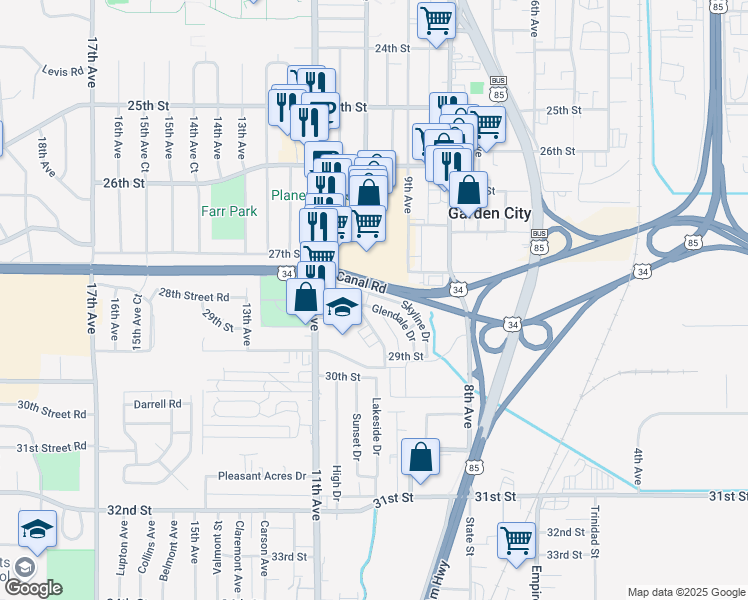 map of restaurants, bars, coffee shops, grocery stores, and more near 2934 Glendale Drive in Evans