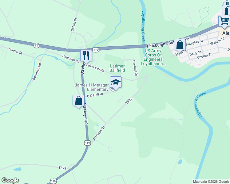 map of restaurants, bars, coffee shops, grocery stores, and more near 140 C C Hall Drive in New Alexandria