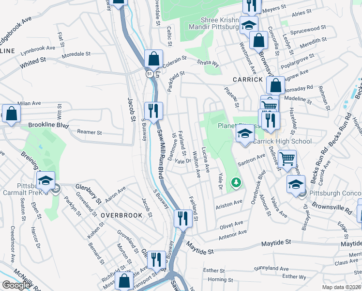 map of restaurants, bars, coffee shops, grocery stores, and more near 2134 Fairland Street in Pittsburgh