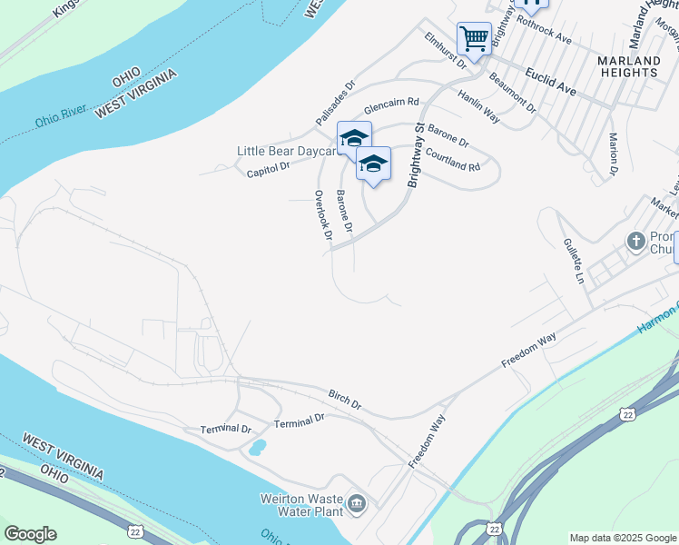 map of restaurants, bars, coffee shops, grocery stores, and more near 1415 Overlook Drive in Weirton