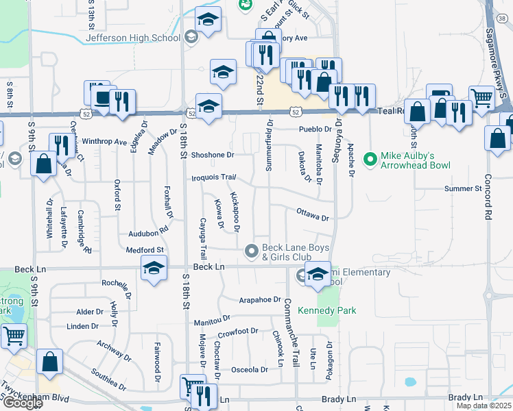 map of restaurants, bars, coffee shops, grocery stores, and more near 2512 Potawatomi Drive in Lafayette