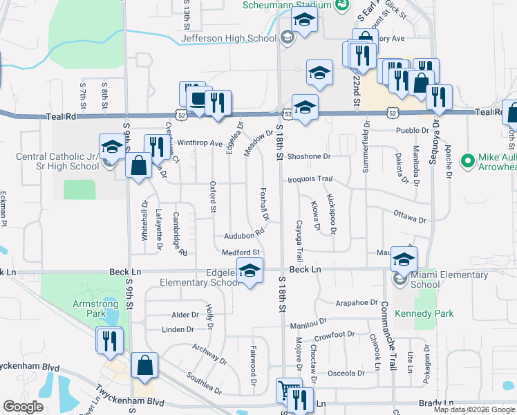 map of restaurants, bars, coffee shops, grocery stores, and more near 2544 Meadow Drive in Lafayette