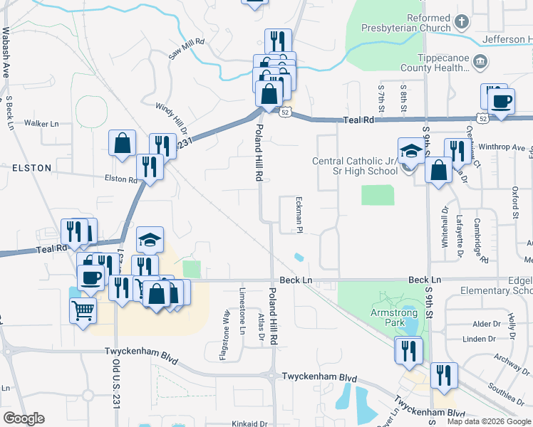 map of restaurants, bars, coffee shops, grocery stores, and more near 2540 Eckman Drive in Lafayette