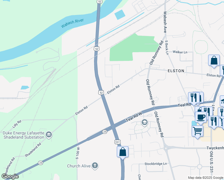map of restaurants, bars, coffee shops, grocery stores, and more near 731 Elston Road in Lafayette