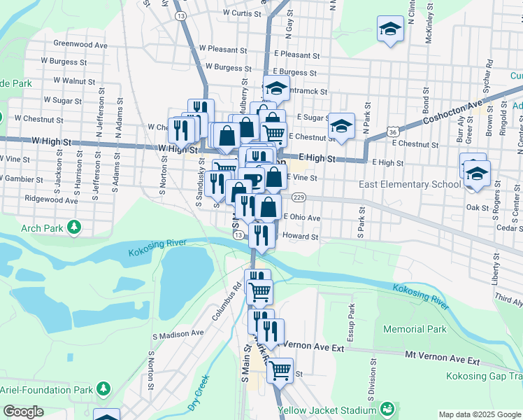 map of restaurants, bars, coffee shops, grocery stores, and more near 236 South Main Street in Mount Vernon