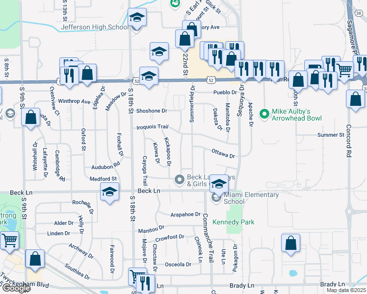 map of restaurants, bars, coffee shops, grocery stores, and more near 2512 Potawatomi Drive in Lafayette