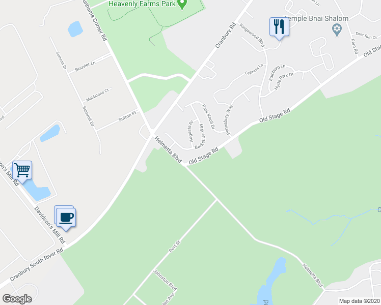 map of restaurants, bars, coffee shops, grocery stores, and more near 48 Berkshire Way in East Brunswick