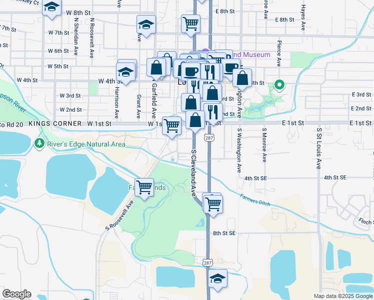 map of restaurants, bars, coffee shops, grocery stores, and more near 307 South Cleveland Avenue in Loveland