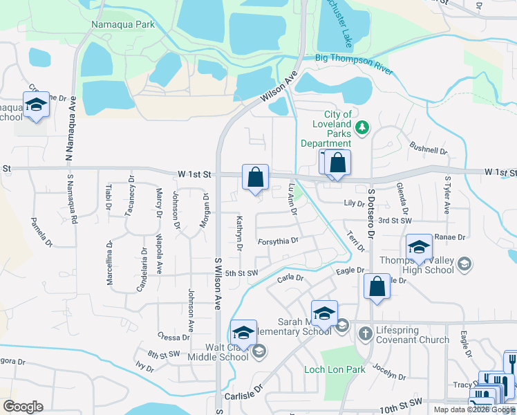 map of restaurants, bars, coffee shops, grocery stores, and more near 2613 Mary Beth Drive in Loveland