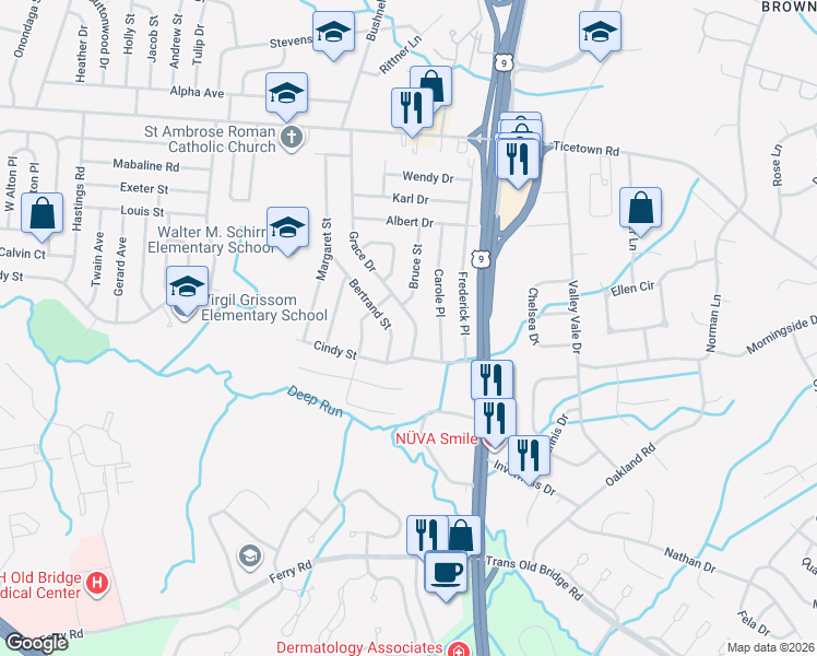 map of restaurants, bars, coffee shops, grocery stores, and more near 40 Bertrand Street in Old Bridge