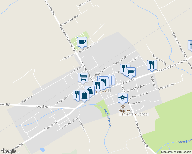map of restaurants, bars, coffee shops, grocery stores, and more near 11 Railroad Place in Hopewell