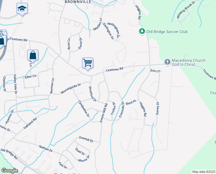 map of restaurants, bars, coffee shops, grocery stores, and more near 12 Prests Mill Road in Old Bridge Township