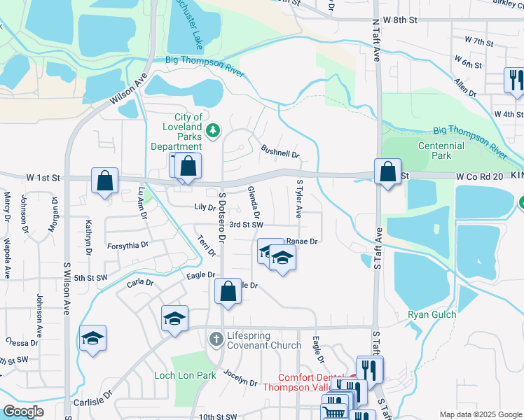 map of restaurants, bars, coffee shops, grocery stores, and more near 253 Lori Drive in Loveland