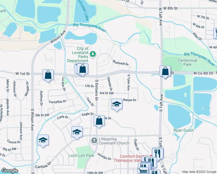 map of restaurants, bars, coffee shops, grocery stores, and more near 1807 3rd Street Southwest in Loveland