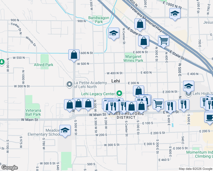 map of restaurants, bars, coffee shops, grocery stores, and more near 290 North 200 East in Lehi