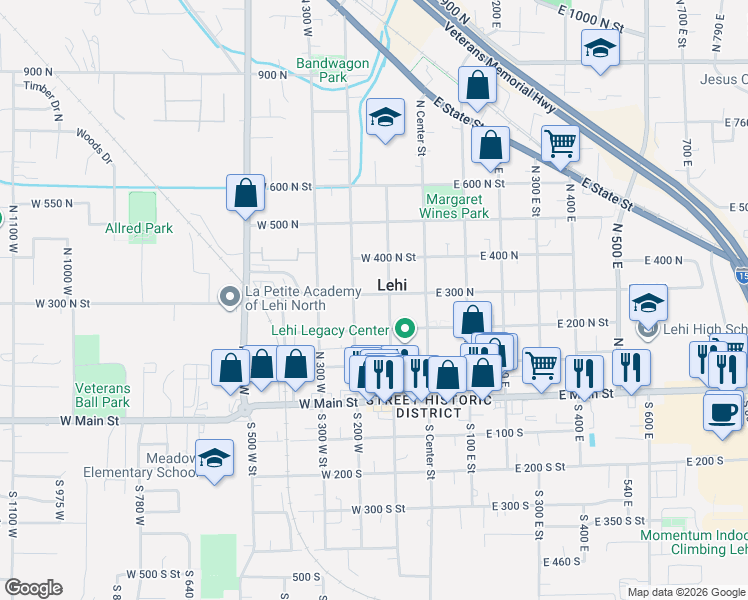 map of restaurants, bars, coffee shops, grocery stores, and more near 143 West 300 North in Lehi