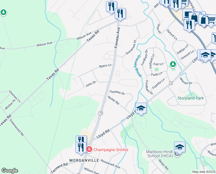 map of restaurants, bars, coffee shops, grocery stores, and more near 571 Highway 79 in Monmouth County