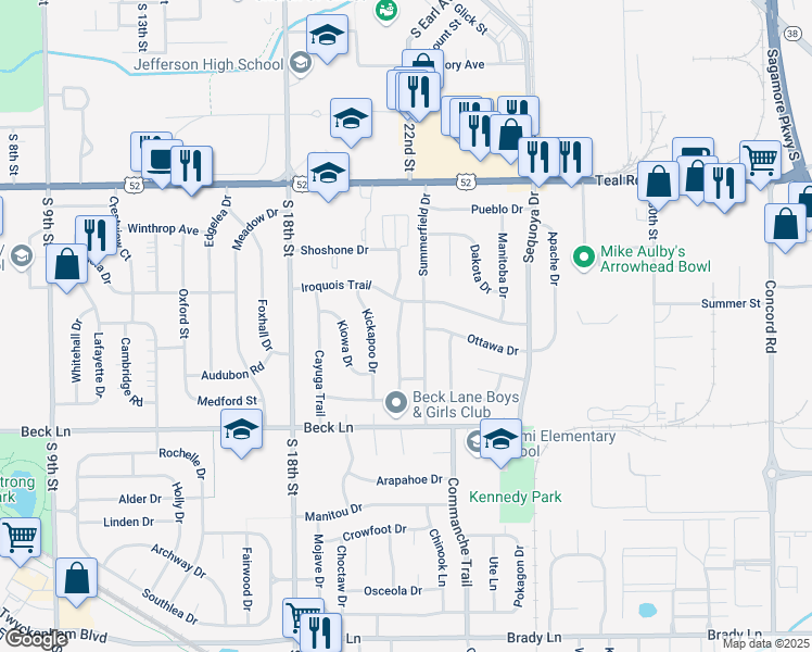 map of restaurants, bars, coffee shops, grocery stores, and more near 2512 Potawatomi Drive in Lafayette