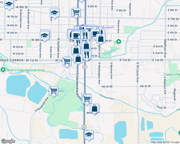 map of restaurants, bars, coffee shops, grocery stores, and more near 355 3rd Street Southeast in Loveland