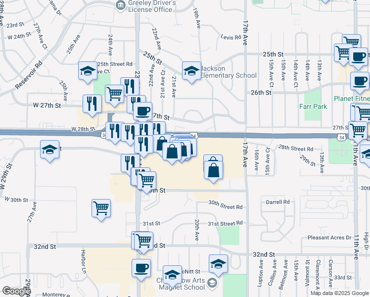 map of restaurants, bars, coffee shops, grocery stores, and more near 2800 Greeley Mall in Greeley