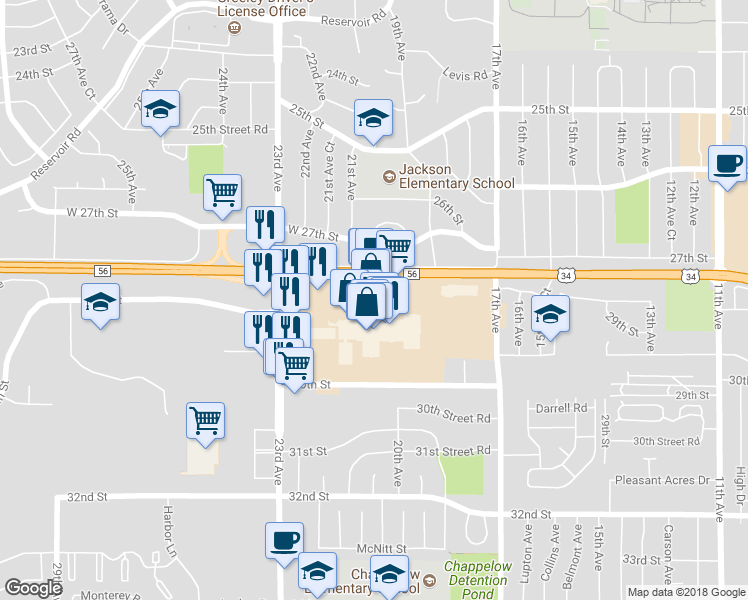 map of restaurants, bars, coffee shops, grocery stores, and more near 2800 Greeley Mall in Greeley