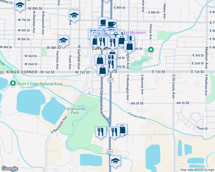 map of restaurants, bars, coffee shops, grocery stores, and more near 201 South Lincoln Avenue in Loveland